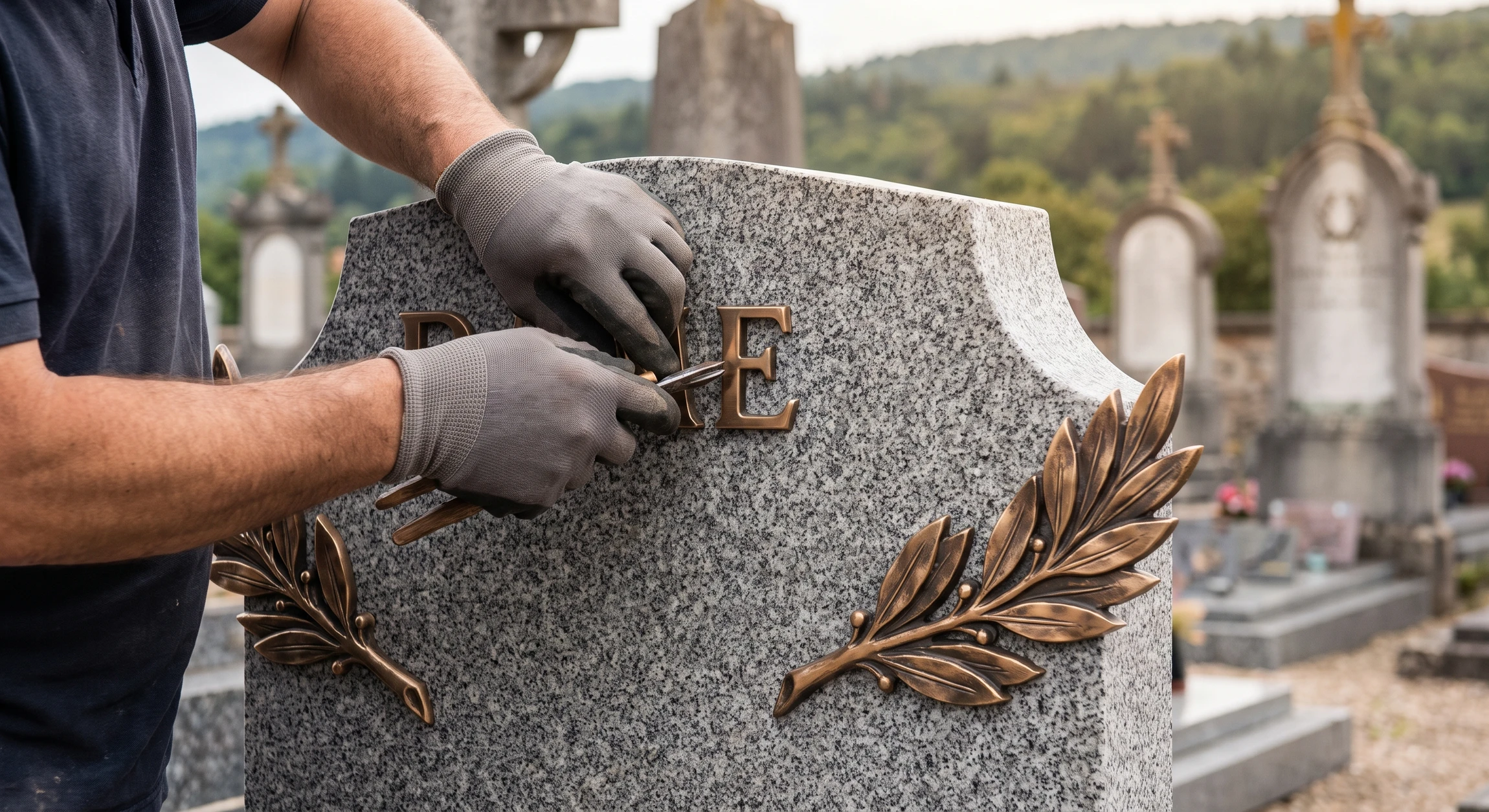 Cimetière avec monuments funéraires en granit noir et rouge