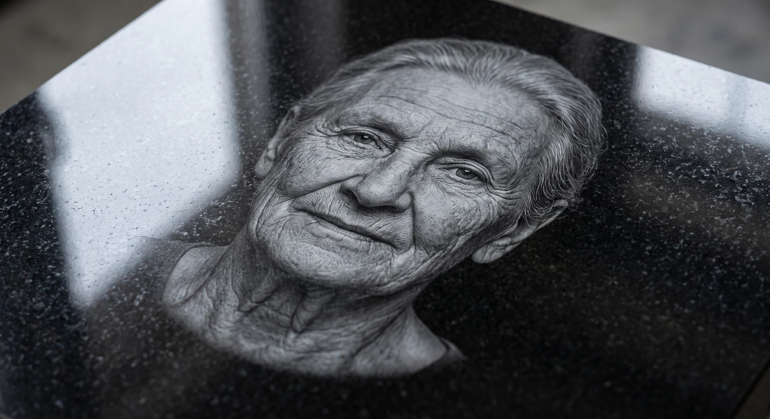 Gros plan d'un portrait gravé au laser sur une plaque de granit poli. Le portrait montre un visage humain en noir et blanc avec un niveau de détail remarquable : traits fins, nuances de gris créant du relief, texture subtile de la peau, expression naturelle et réaliste. La gravure exploite les capacités du laser Trotec pour créer des dégradés de profondeur impossibles à atteindre manuellement. L'arrière-plan doit montrer une portion de la surface en granit pour contextualiser le matériau. La photographie doit mettre en évidence la précision exceptionnelle et le réalisme du résultat final.