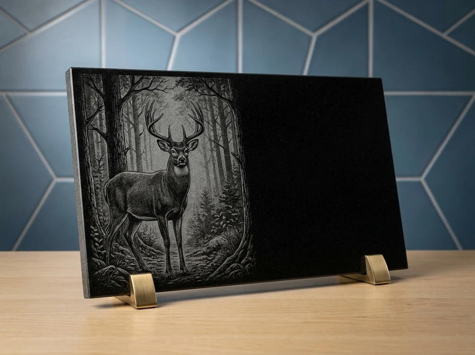 Dalle funéraire en granit noir poli présentant une gravure laser représentant une croix chrétienne ornée d'épis de blé et de rubans
