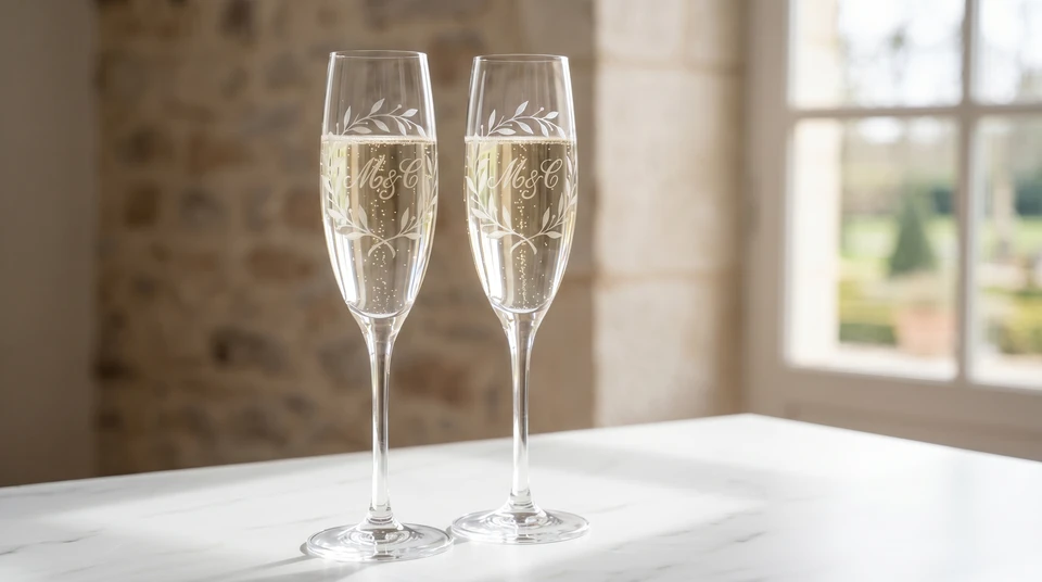 Verre à pied en cristal transparent contenant du champagne ou vin pétillant doré avec mousse crémeuse et bulles fines en surface