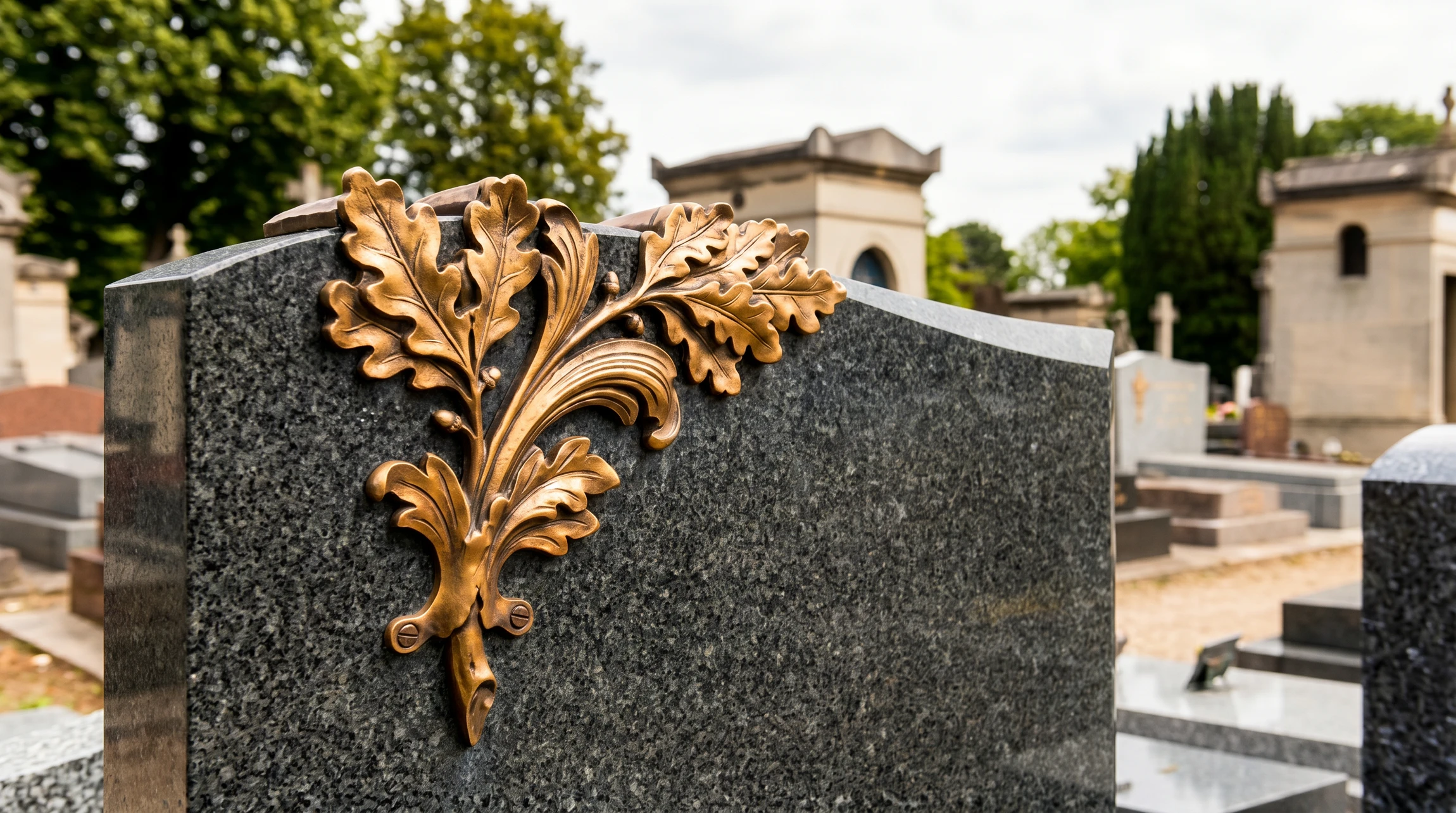 Gros plan professionnel montrant un artisan graveur en train de poser ou d'installer des lettres et des ornements en bronze doré sur un monument ou une stèle en granit gris dans un cimetière. La scène doit capturer le détail du travail artisanal, les mains de l'artisan manipulant les éléments en bronze avec précision, et la structure du monument funéraire en arrière-plan légèrement flou. Lumière naturelle mettant en valeur la patine du bronze et l'élégance de la composition. L'image doit transmettre le professionnalisme, le respect et la qualité artisanale de L'GRAVE.