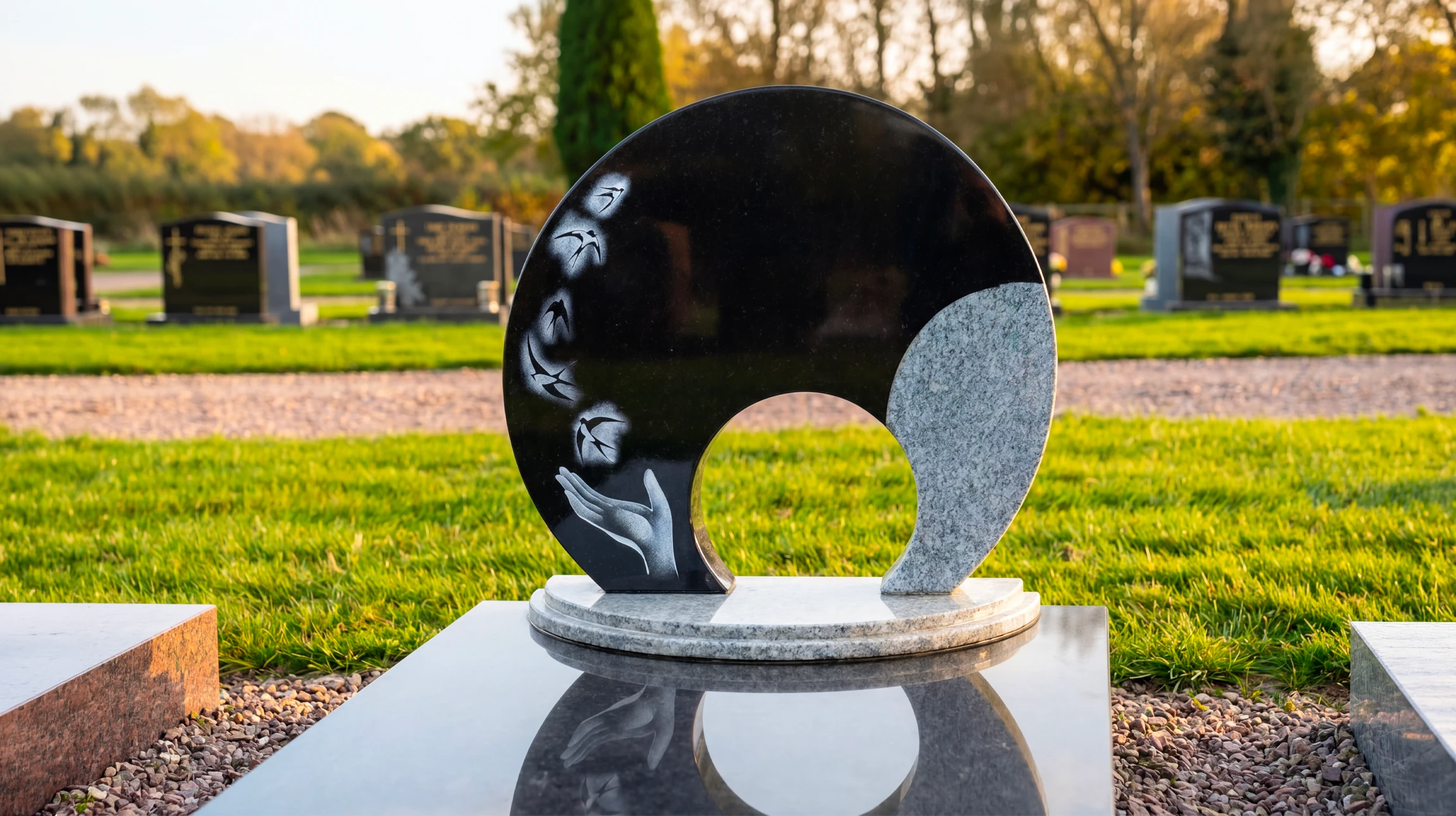 Cimetière moderne avec tombes en granite noir et gris, pierres tombales variées, monuments funéraires soignés