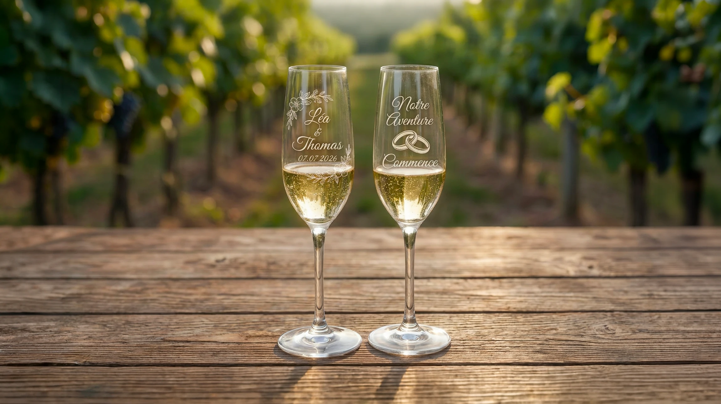 Photographie professionnelle en studio montrant deux flûtes à champagne en cristal transparent, gravées avec des motifs artisanaux élégants (feuillages, initiales ou ornements géométriques). Les flûtes sont posées délicatement sur une surface élégante, légèrement éclairées pour mettre en valeur la clarté du cristal et la finesse des gravures. L'image doit clairement montrer le travail de gravure personnalisé, transformant du verre ordinaire en objet de prestige. Fond neutre et professionnel.